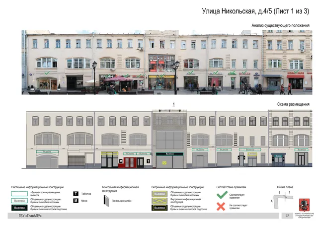 Архитектурная концепция размещения вывесок — Никольская улица, 4/5, Москва, лист 1 из 3 · Документ по адресу · Архитектурно-художественная концепция · 2017 год