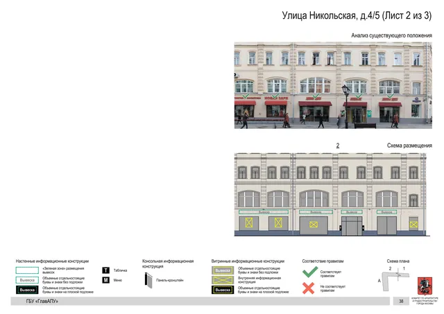Архитектурная концепция размещения вывесок — Никольская улица, 4/5, Москва, лист 2 из 3 · Документ по адресу · Архитектурно-художественная концепция · 2017 год