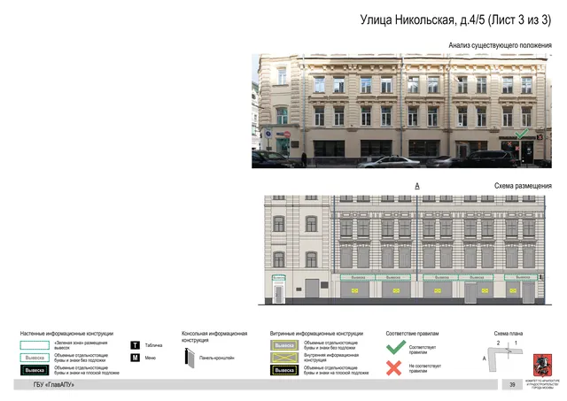 Архитектурная концепция размещения вывесок — Никольская улица, 4/5, Москва, лист 3 из 3 · Документ по адресу · Архитектурно-художественная концепция · 2017 год