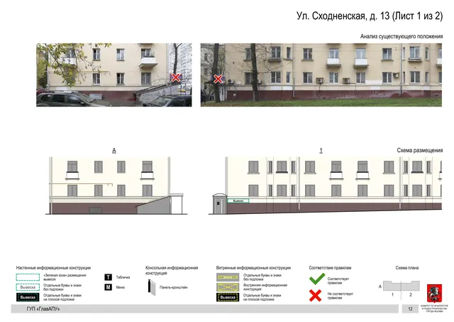Архитектурная концепция размещения вывесок — Сходненская улица, 13, Москва, лист 1 из 2 · Документ по адресу · Архитектурно-художественная концепция · 2016 год
