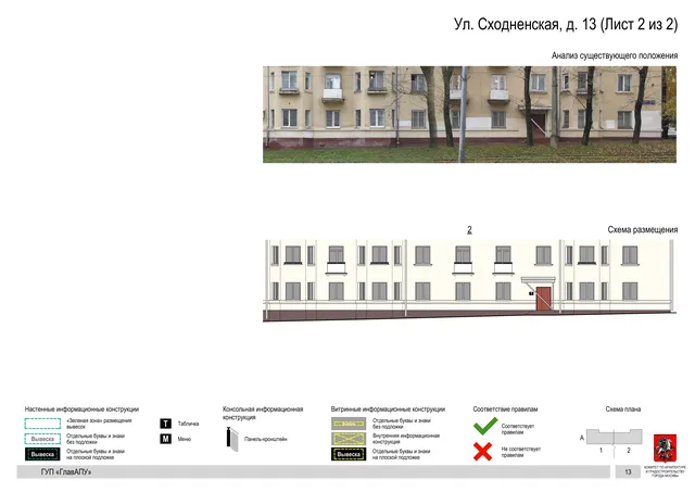 Архитектурная концепция размещения вывесок — Сходненская улица, 13, Москва, лист 2 из 2 · Документ по адресу · Архитектурно-художественная концепция · 2016 год