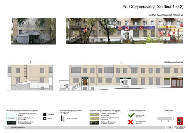 Архитектурная концепция размещения вывесок — Сходненская улица, 23, Москва, лист 1 из 2 · Документ по адресу · Архитектурно-художественная концепция · 2016 год