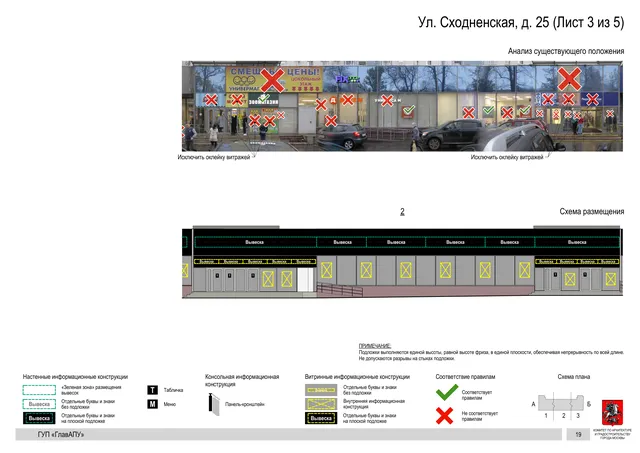 Архитектурная концепция размещения вывесок — Сходненская улица, 25, Москва, лист 3 из 5 · Документ по адресу · Архитектурно-художественная концепция · 2016 год