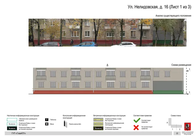 Архитектурная концепция размещения вывесок — Нелидовская улица, 16, Москва, лист 1 из 3 · Документ по адресу · Архитектурно-художественная концепция · 2016 год