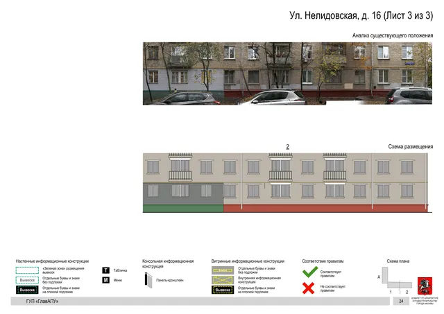 Архитектурная концепция размещения вывесок — Нелидовская улица, 16, Москва, лист 3 из 3 · Документ по адресу · Архитектурно-художественная концепция · 2016 год