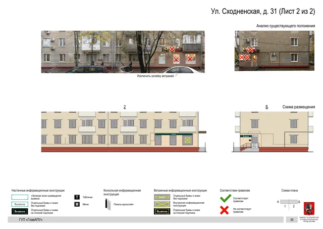 Архитектурная концепция размещения вывесок — Сходненская улица, 31, Москва, лист 2 из 2 · Документ по адресу · Архитектурно-художественная концепция · 2016 год
