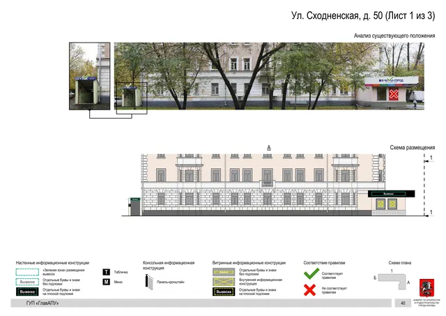 Архитектурная концепция размещения вывесок — Сходненская улица, 50, Москва, лист 1 из 3 · Документ по адресу · Архитектурно-художественная концепция · 2016 год