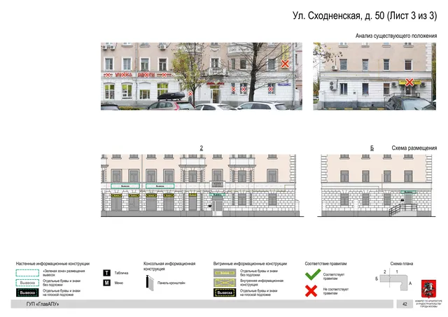 Архитектурная концепция размещения вывесок — Сходненская улица, 50, Москва, лист 3 из 3 · Документ по адресу · Архитектурно-художественная концепция · 2016 год