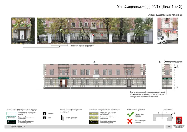 Архитектурная концепция размещения вывесок — Сходненская улица, 44/17, Москва, лист 1 из 3 · Документ по адресу · Архитектурно-художественная концепция · 2016 год