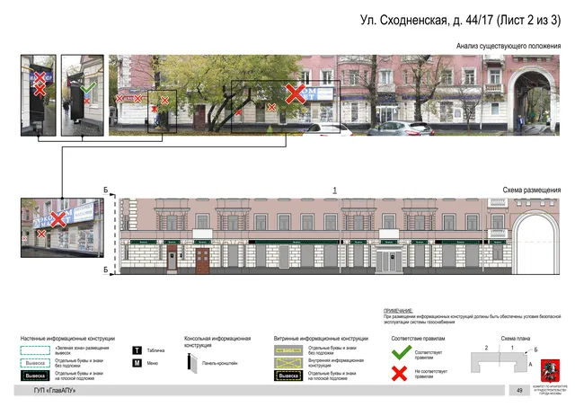 Архитектурная концепция размещения вывесок — Сходненская улица, 44/17, Москва, лист 2 из 3 · Документ по адресу · Архитектурно-художественная концепция · 2016 год