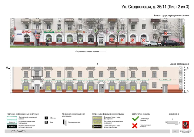 Архитектурная концепция размещения вывесок — Сходненская улица, 36/11, Москва, лист 2 из 3 · Документ по адресу · Архитектурно-художественная концепция · 2016 год