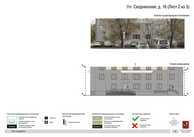 Архитектурная концепция размещения вывесок — Сходненская улица, 16, Москва, лист 2 из 3 · Документ по адресу · Архитектурно-художественная концепция · 2016 год