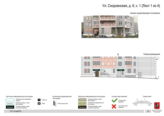 Архитектурная концепция размещения вывесок — Сходненская улица, 6, корп. 1, Москва, лист 1 из 4 · Документ по адресу · Архитектурно-художественная концепция · 2016 год