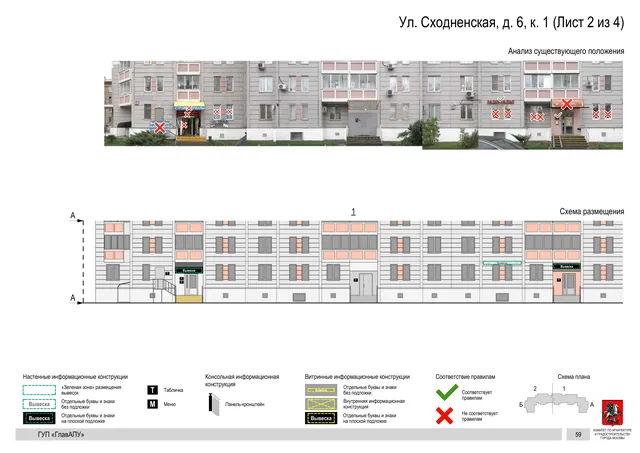 Архитектурная концепция размещения вывесок — Сходненская улица, 6, корп. 1, Москва, лист 2 из 4 · Документ по адресу · Архитектурно-художественная концепция · 2016 год