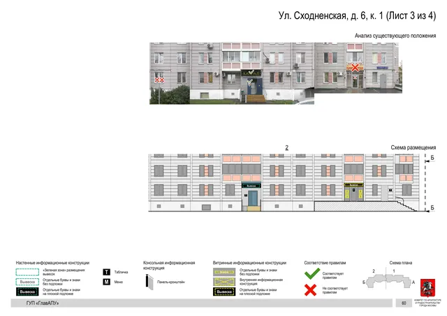 Архитектурная концепция размещения вывесок — Сходненская улица, 6, корп. 1, Москва, лист 3 из 4 · Документ по адресу · Архитектурно-художественная концепция · 2016 год