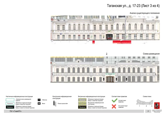 Архитектурная концепция размещения вывесок — Таганская улица, 17-23, Москва, лист 3 из 4 · Документ по адресу · Архитектурно-художественная концепция · 2019 год