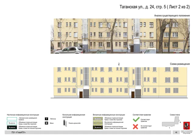 Архитектурная концепция размещения вывесок — Таганская улица, 24, стр. 5, Москва, лист 2 из 2 · Документ по адресу · Архитектурно-художественная концепция · 2019 год