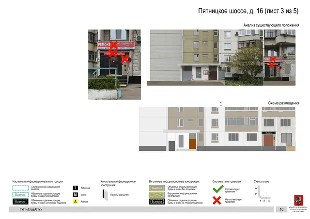 Архитектурная концепция размещения вывесок — Пятницкое шоссе, 16, Москва, лист 3 из 5 · Документ по адресу · Архитектурно-художественная концепция · 2016 год