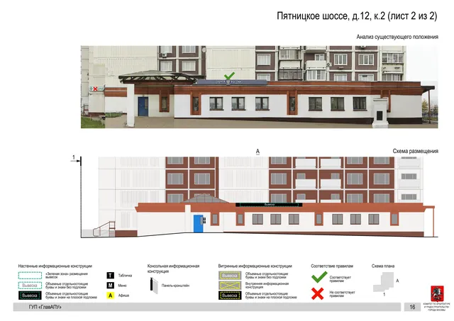 Архитектурная концепция размещения вывесок — Пятницкое шоссе, 12, корп. 2, Москва, лист 2 из 2 · Документ по адресу · Архитектурно-художественная концепция · 2016 год