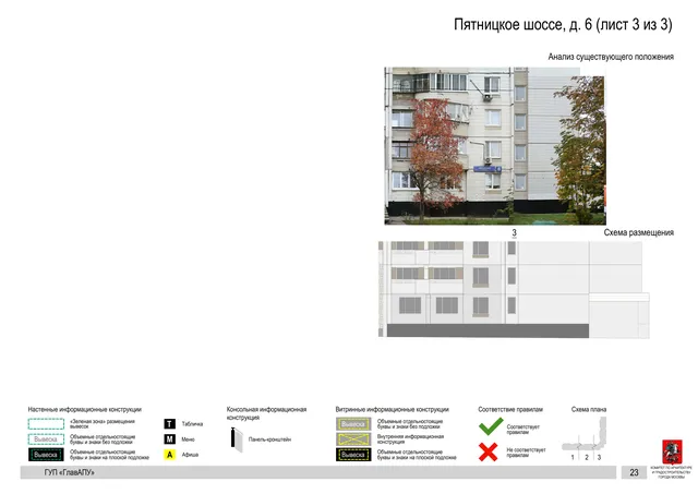 Архитектурная концепция размещения вывесок — Пятницкое шоссе, 6, Москва, лист 3 из 3 · Документ по адресу · Архитектурно-художественная концепция · 2016 год