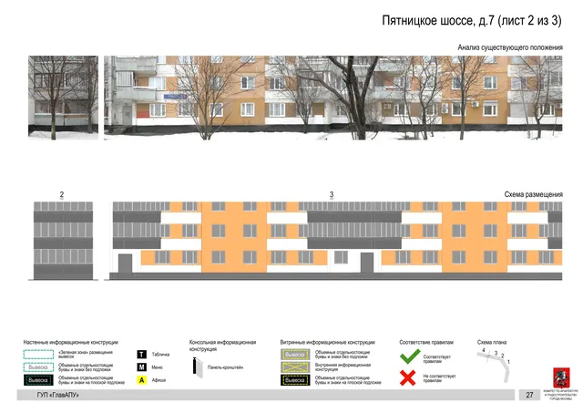Архитектурная концепция размещения вывесок — Пятницкое шоссе, 7, Москва, лист 2 из 3 · Документ по адресу · Архитектурно-художественная концепция · 2016 год