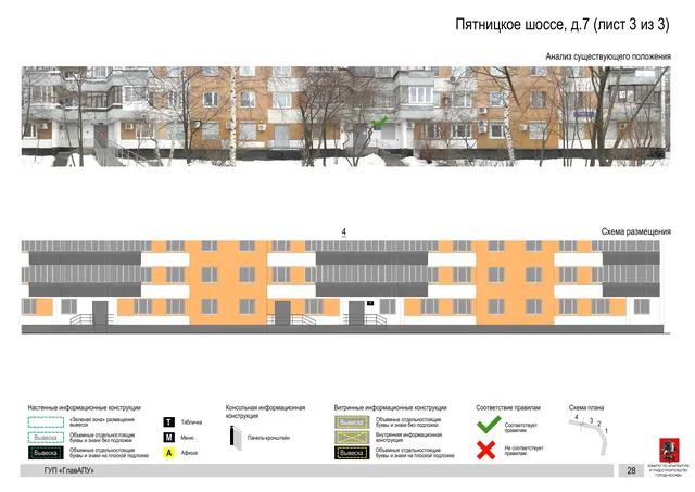 Архитектурная концепция размещения вывесок — Пятницкое шоссе, 7, Москва, лист 3 из 3 · Документ по адресу · Архитектурно-художественная концепция · 2016 год