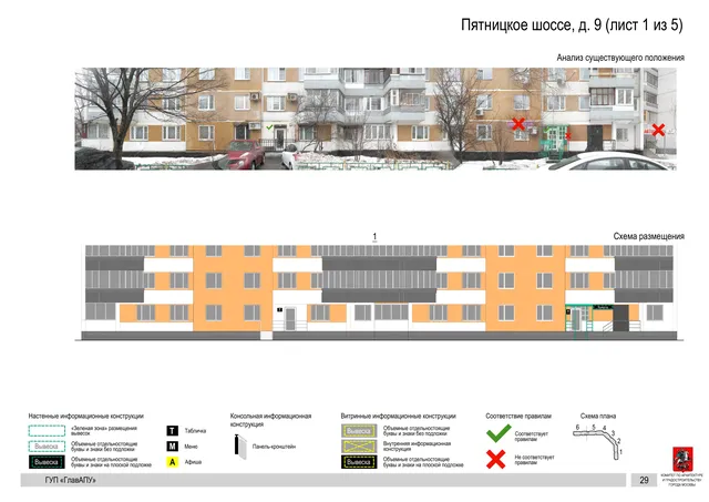 Архитектурная концепция размещения вывесок — Пятницкое шоссе, 9, Москва, лист 1 из 5 · Документ по адресу · Архитектурно-художественная концепция · 2016 год