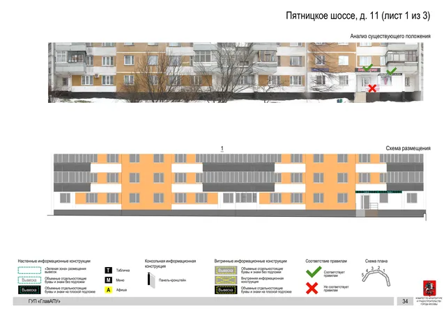 Архитектурная концепция размещения вывесок — Пятницкое шоссе, 11, Москва, лист 1 из 3 · Документ по адресу · Архитектурно-художественная концепция · 2016 год