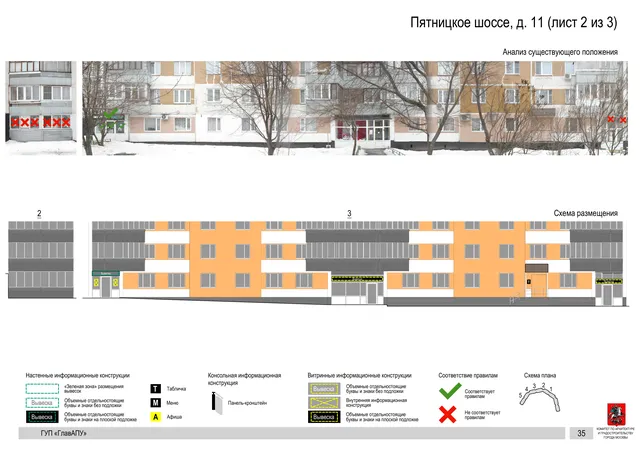 Архитектурная концепция размещения вывесок — Пятницкое шоссе, 11, Москва, лист 2 из 3 · Документ по адресу · Архитектурно-художественная концепция · 2016 год