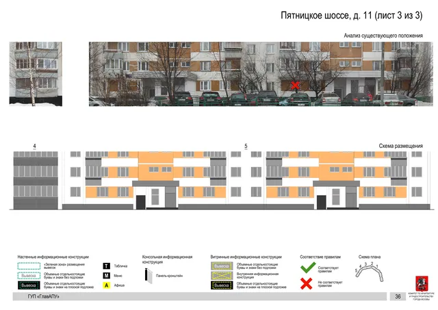 Архитектурная концепция размещения вывесок — Пятницкое шоссе, 11, Москва, лист 3 из 3 · Документ по адресу · Архитектурно-художественная концепция · 2016 год