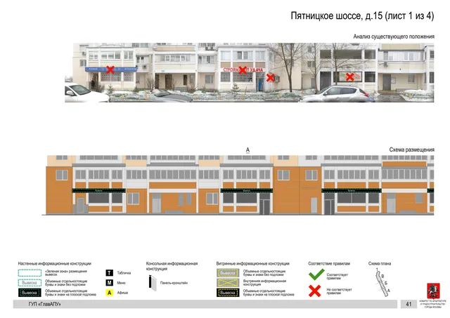 Архитектурная концепция размещения вывесок — Пятницкое шоссе, 15, Москва, лист 1 из 4 · Документ по адресу · Архитектурно-художественная концепция · 2016 год