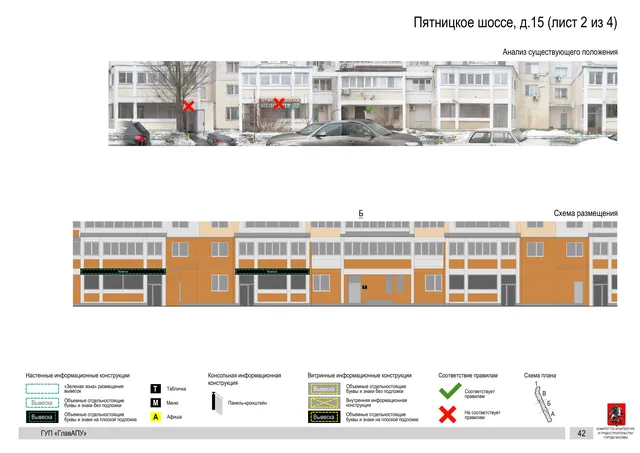 Архитектурная концепция размещения вывесок — Пятницкое шоссе, 15, Москва, лист 2 из 4 · Документ по адресу · Архитектурно-художественная концепция · 2016 год