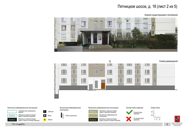 Архитектурная концепция размещения вывесок — Пятницкое шоссе, 16, Москва, лист 2 из 5 · Документ по адресу · Архитектурно-художественная концепция · 2016 год