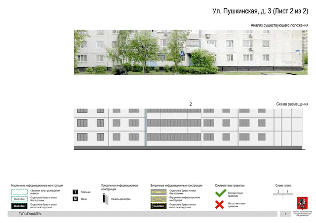 Архитектурная концепция размещения вывесок — Пушкинская улица, 3, Москва, лист 2 из 2 · Документ по адресу · Архитектурно-художественная концепция · 2016 год