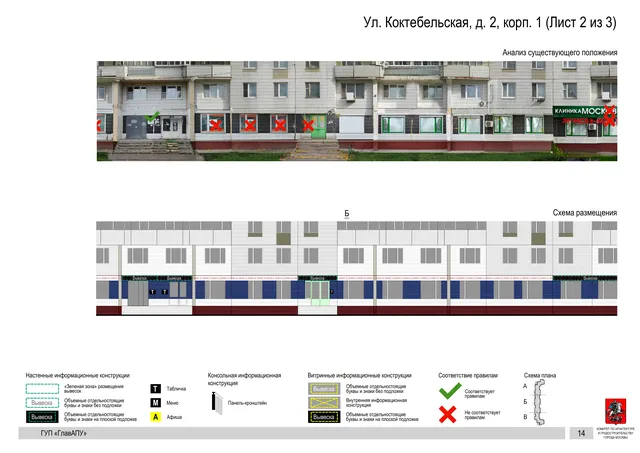 Архитектурная концепция размещения вывесок — Коктебельская улица, 2, корп. 1, Москва, лист 2 из 3 · Документ по адресу · Архитектурно-художественная концепция · 2016 год