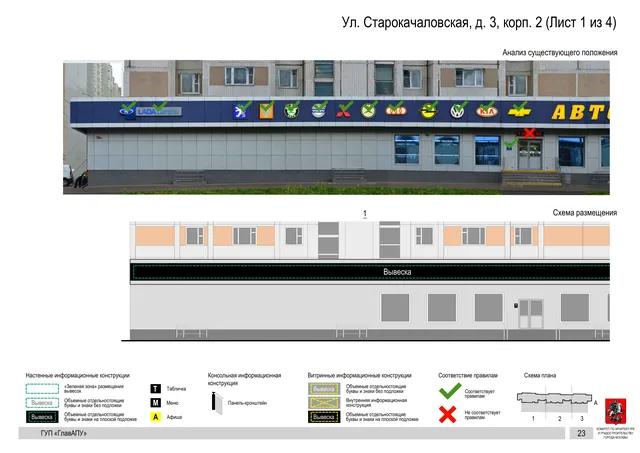Архитектурная концепция размещения вывесок — Старокачаловская улица, 3, корп. 2, Москва, лист 1 из 4 · Документ по адресу · Архитектурно-художественная концепция · 2016 год