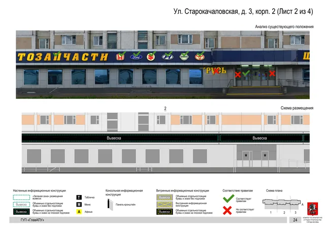 Архитектурная концепция размещения вывесок — Старокачаловская улица, 3, корп. 2, Москва, лист 2 из 4 · Документ по адресу · Архитектурно-художественная концепция · 2016 год