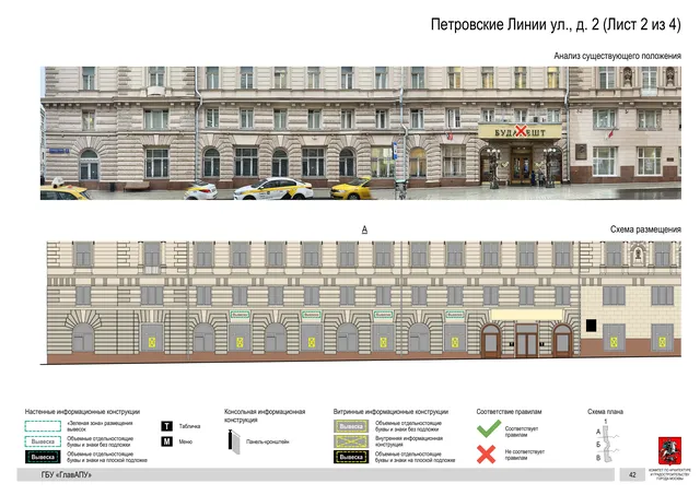Петровские Линии ул., д. 2 (Лист 2 из 4) · PDF 45 Архитектурная концепция размещения вывесок — Петровские линии улица, 2, Москва, лист 2 из 4 · Документ с наиболее поздней установленной датой · АХК № 50 от 26.02.2024