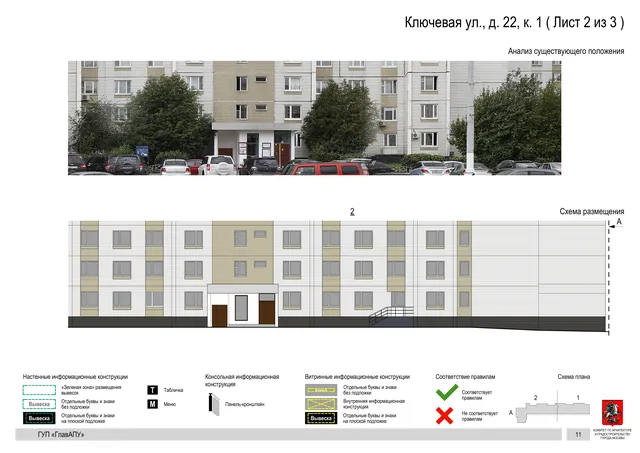 Архитектурная концепция размещения вывесок — Ключевая улица, 22, корп. 1, Москва, лист 2 из 3 · Документ по адресу · Архитектурно-художественная концепция · 2016 год