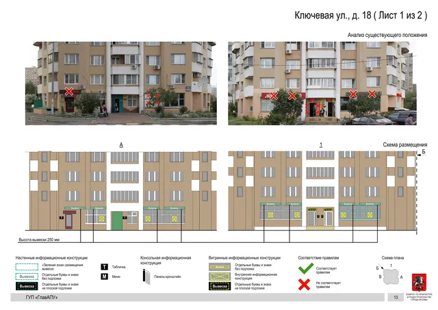 Архитектурная концепция размещения вывесок — Ключевая улица, 18, Москва, лист 1 из 2 · Документ по адресу · Архитектурно-художественная концепция · 2016 год