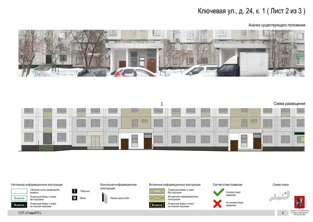 Архитектурная концепция размещения вывесок — Ключевая улица, 24, корп. 1, Москва, лист 2 из 3 · Документ по адресу · Архитектурно-художественная концепция · 2016 год