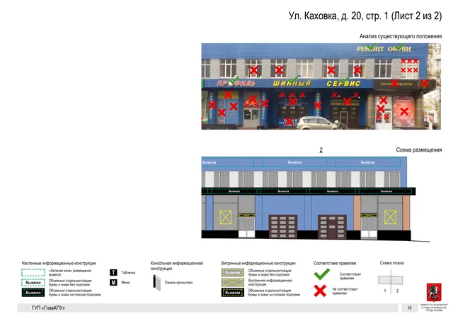 Архитектурная концепция размещения вывесок — Каховка улица, 20, стр. 1, Москва, лист 2 из 2 · Документ по адресу · Архитектурно-художественная концепция · 2016 год