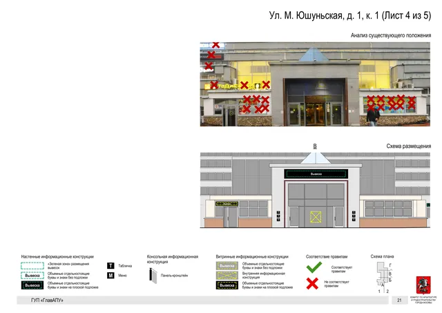 Архитектурная концепция размещения вывесок — М юшуньская улица, 1, корп. 1, Москва, лист 4 из 5 · Документ по адресу · Архитектурно-художественная концепция · 2016 год