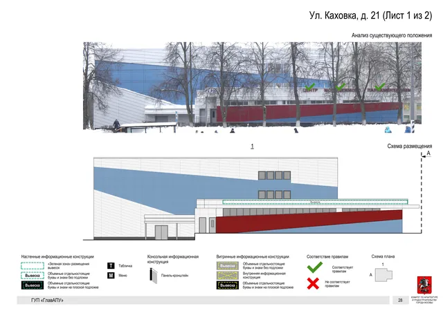 Архитектурная концепция размещения вывесок — Каховка улица, 21, Москва, лист 1 из 2 · Документ по адресу · Архитектурно-художественная концепция · 2016 год