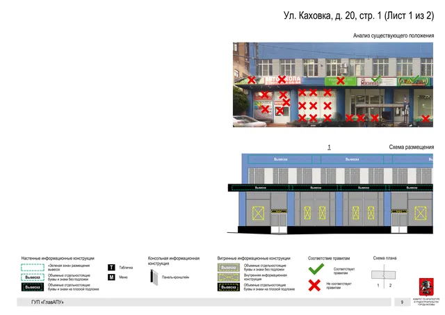 Архитектурная концепция размещения вывесок — Каховка улица, 20, стр. 1, Москва, лист 1 из 2 · Документ по адресу · Архитектурно-художественная концепция · 2016 год