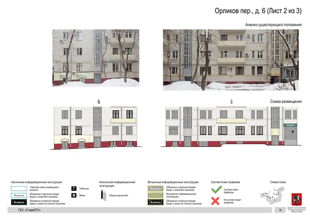 Архитектурная концепция размещения вывесок — Орликов переулок, 6, Москва, лист 2 из 3 · Документ по адресу · Архитектурно-художественная концепция · 2019 год