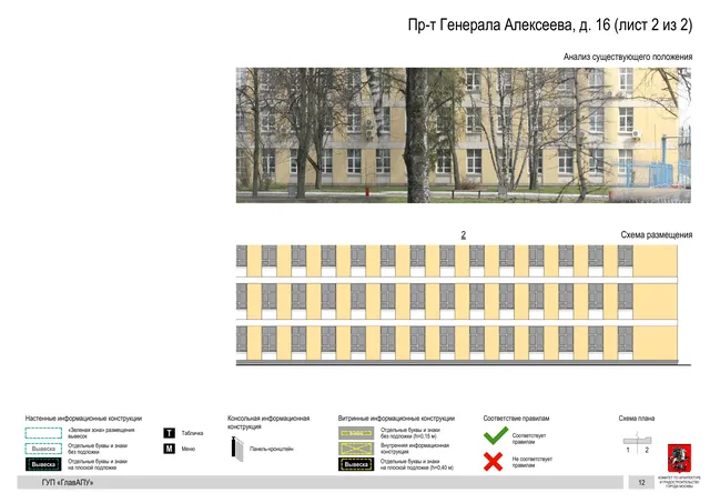 Архитектурная концепция размещения вывесок — Генерала алексеева проспект, 16, Москва, лист 2 из 2 · Документ по адресу · Архитектурно-художественная концепция · 2016 год