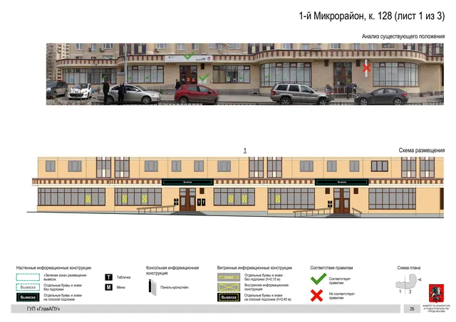 Архитектурная концепция размещения вывесок — 1-й микрорайон, корп. 128, Москва, лист 1 из 3 · Документ по адресу · Архитектурно-художественная концепция · 2016 год