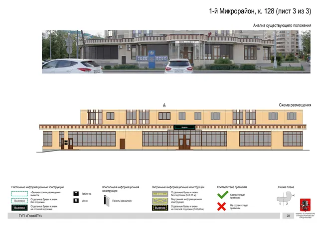 Архитектурная концепция размещения вывесок — 1-й микрорайон, корп. 128, Москва, лист 3 из 3 · Документ по адресу · Архитектурно-художественная концепция · 2016 год