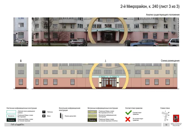 Архитектурная концепция размещения вывесок — 2-й микрорайон, корп. 240, Москва, лист 3 из 3 · Документ по адресу · Архитектурно-художественная концепция · 2016 год